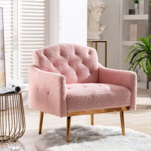 joybase mid century modern accent chair, wood and steel armchair, comfy reading chair, arm chair for living room, bedroom (pink, faux fur)