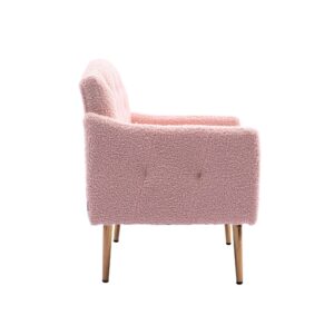 JOYBASE Mid Century Modern Accent Chair, Wood and Steel Armchair, Comfy Reading Chair, Arm Chair for Living Room, Bedroom (Pink, Faux Fur)