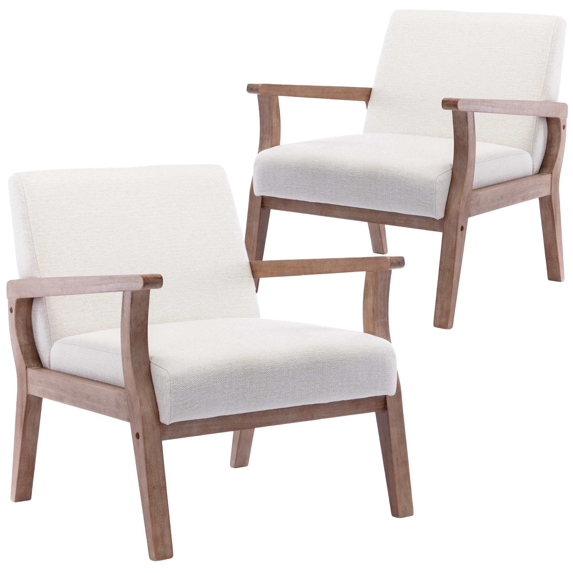 Wahson Set of 2 Mid Century Armchair with Wood Frames, White Linen Upholstered Farmhouse Living Room Chair, for Living Room Bedroom, Ivory