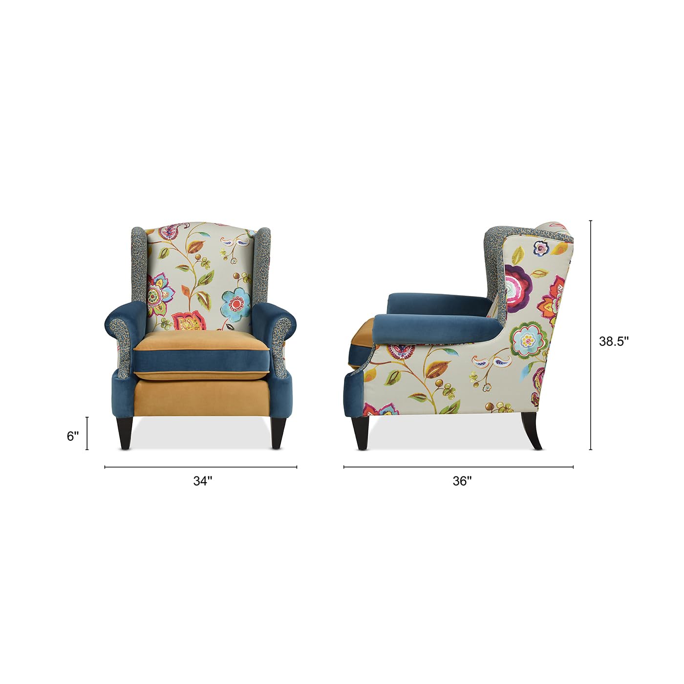 Jennifer Taylor Home Anya Eclectic Floral Patchwork Boho Chic Wingback Large Living Room Lounge Accent Arm Chair