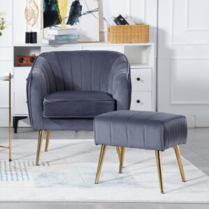 Westice Accent Chair, Upholstered Arm Chair Velvet Sofa Chair with Ottoman Footrest for Living Room Bedroom Reading Room Apartment Office, Gray