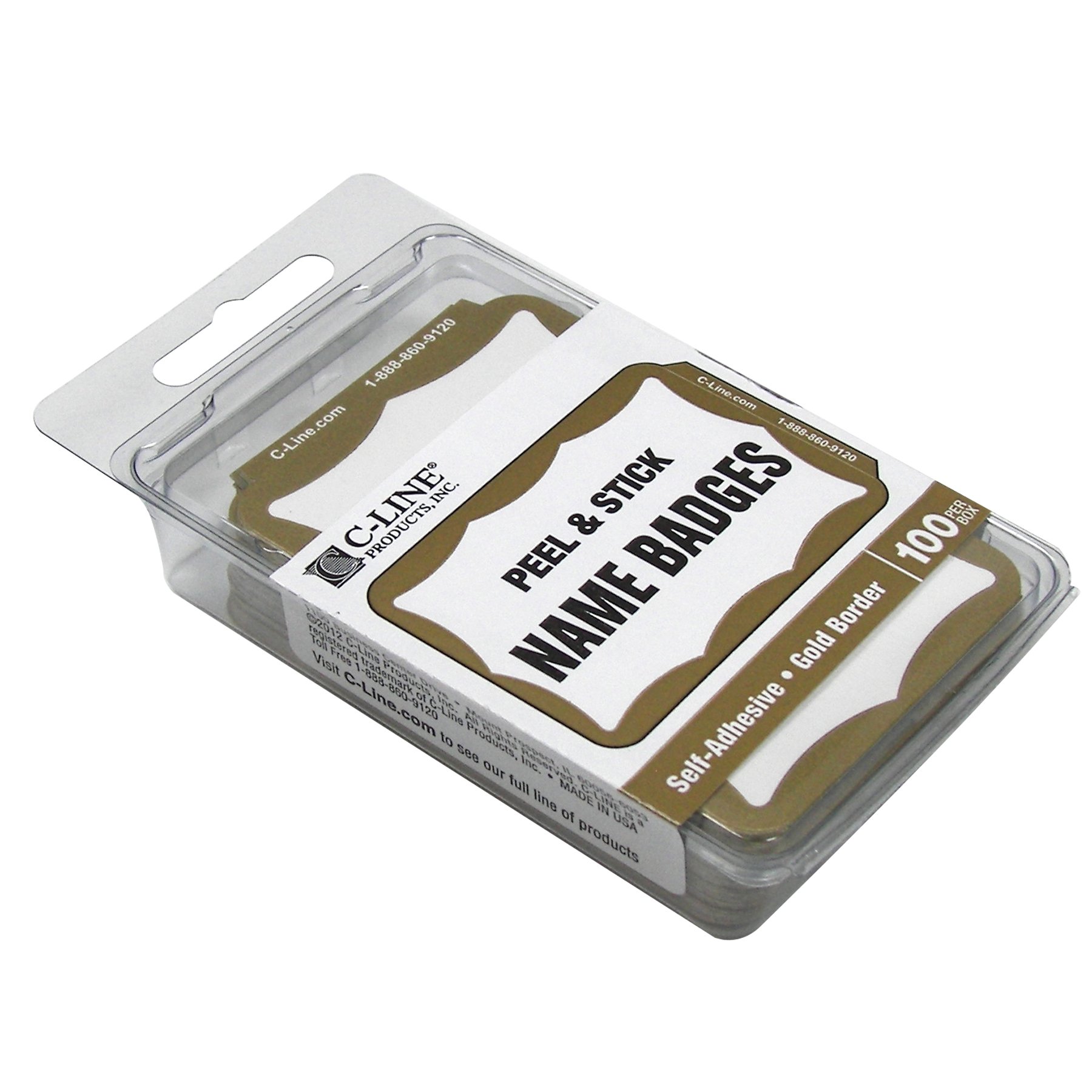 C-Line Pressure Sensitive Peel and Stick Name Badges, Gold Border, 3.5 x 2.25 Inches, 100 per Box (92266)