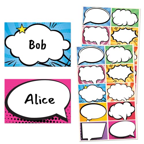 250 Pack, Superhero Comic Name Tag Stickers for Kids - 10 Designs, 3" x 2"