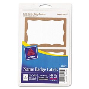 Avery 5146 Name Badge Labels, 2-11/32-Inch x3-3/8-Inch , 100/PK, Gold Border