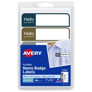 Avery Flexible Printable Name Tags, 1" x 3.75", Assorted Colors, 100 Removable Name Badges (05154)