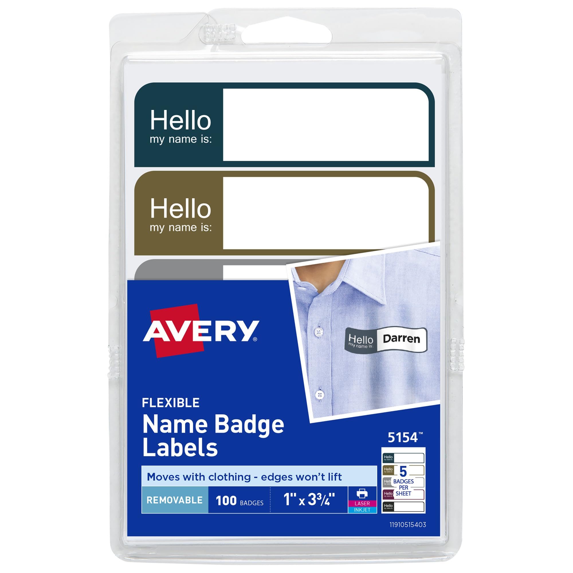 Avery Flexible Printable Name Tags, 1" x 3.75", Assorted Colors, 100 Removable Name Badges (05154)