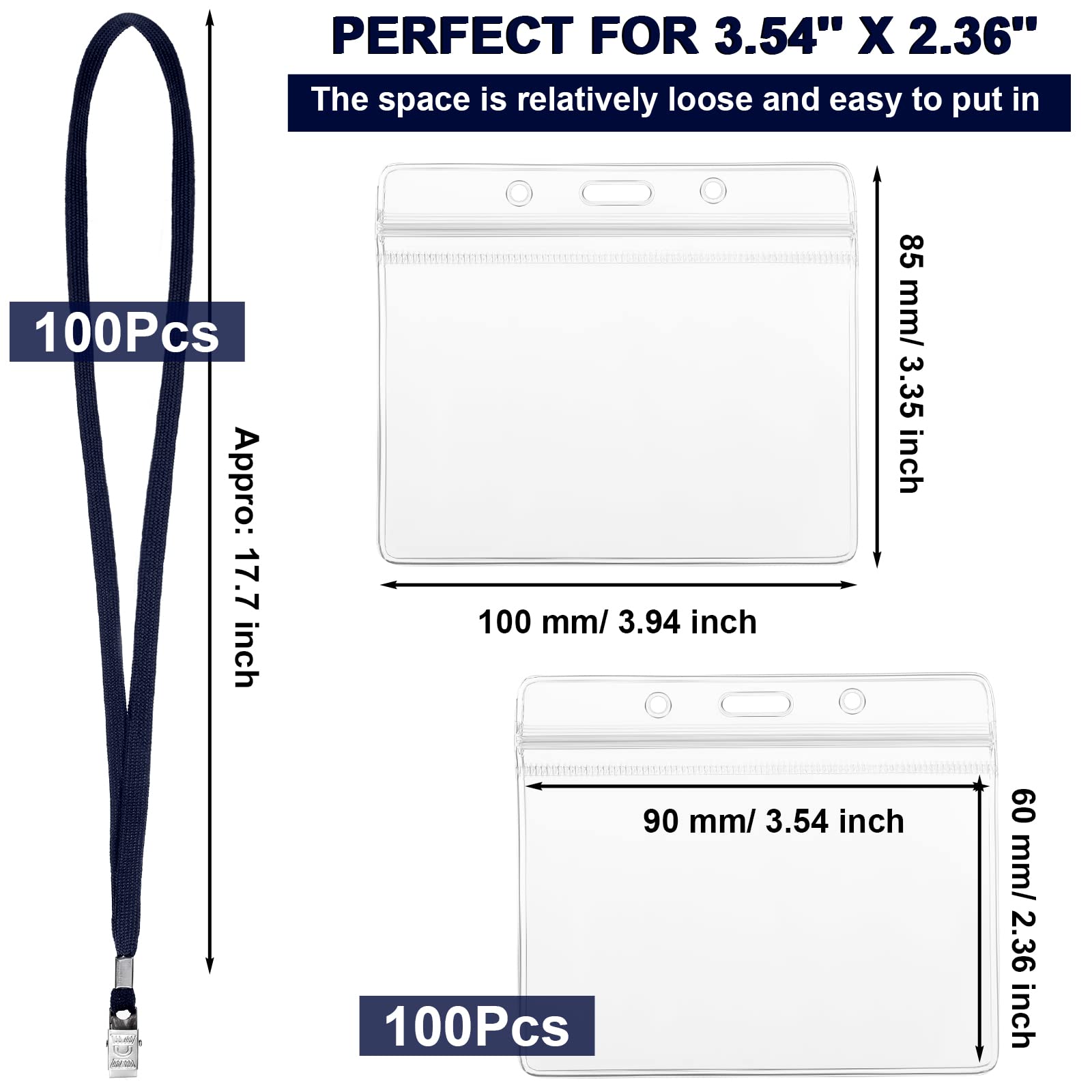 Marspark 100 Sets Clear Name Tags with Lanyard, Lanyards for ID Badges Reusable Lanyard with ID Holder Plastic Name Badges with Lanyards for Adults Kids Business School Church Conference (Dark Blue)