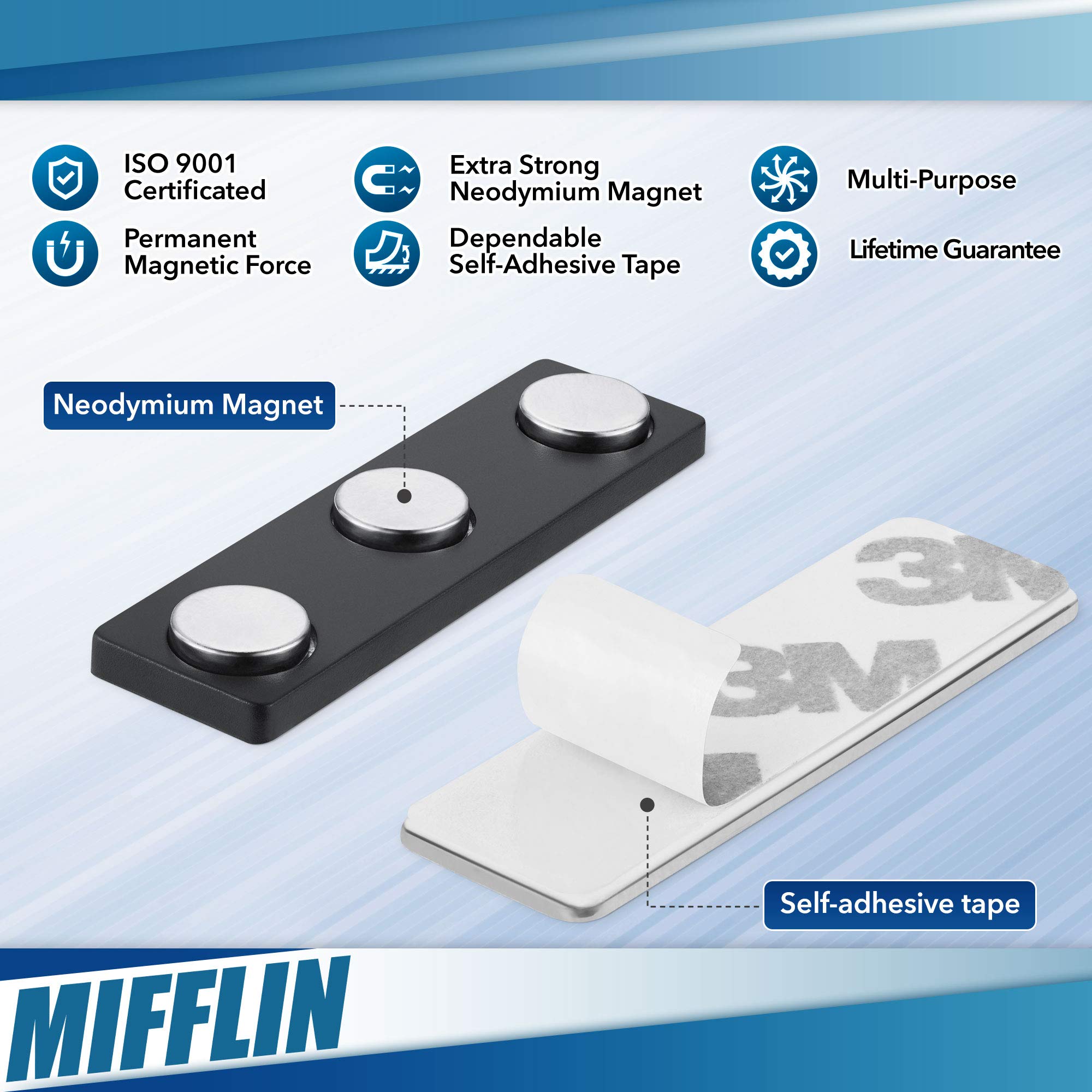 Mifflin-USA Name Tag Magnets (100 Magnets, 1.75 x 0.5 inches), Name Tag Magnet Backs w/ 3 Extra-Strong Neodymium Magnets for ID Badge Holders