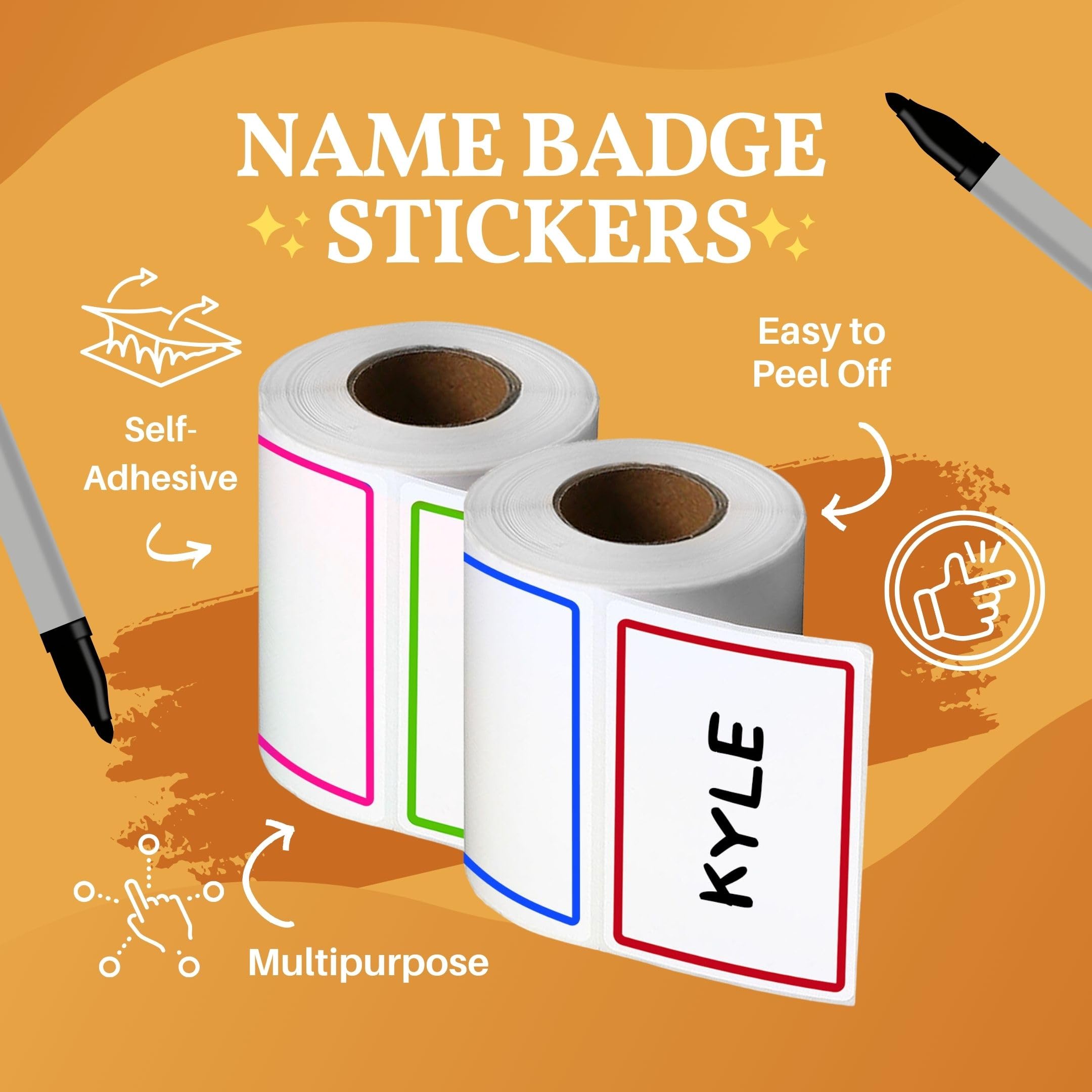 Office Werks 500 Name Badge Stickers with Color Border, 2 Rolls of 250, Multipurpose, Self-Adhesive and Easy to Peel Off, Non-Toxic and Odorless - for Classroom, Office and Home