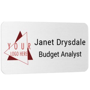 custom-aluminum business name tag/id with magnet, pin, or tape. offered with a color logo (white, 3 x 1.5")