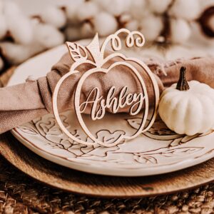 Customized Pumpkin Name Tags for Thanksgiving, Personalized Hollowed Out Wooden Place Cards for Fall, Halloween Table Decor, Cursive Laser Cut Seating Cards