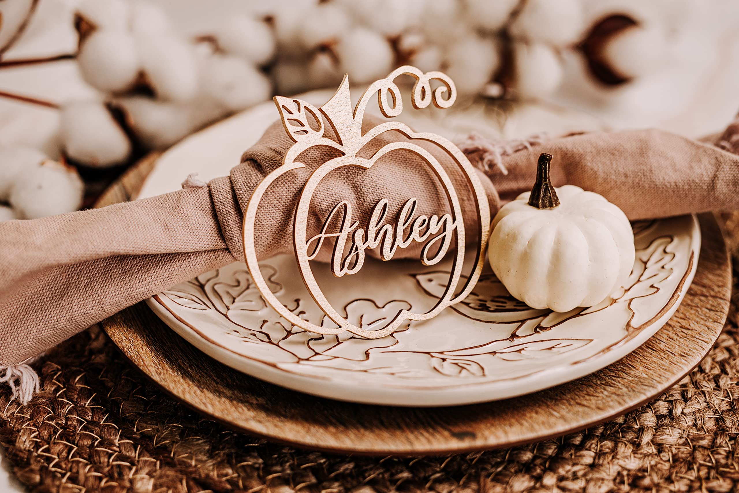 Customized Pumpkin Name Tags for Thanksgiving, Personalized Hollowed Out Wooden Place Cards for Fall, Halloween Table Decor, Cursive Laser Cut Seating Cards