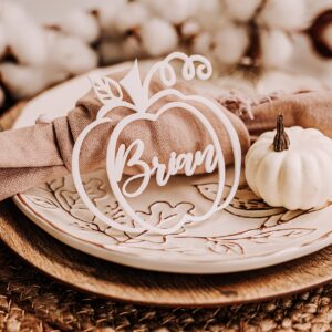 Customized Pumpkin Name Tags for Thanksgiving, Personalized Hollowed Out Wooden Place Cards for Fall, Halloween Table Decor, Cursive Laser Cut Seating Cards