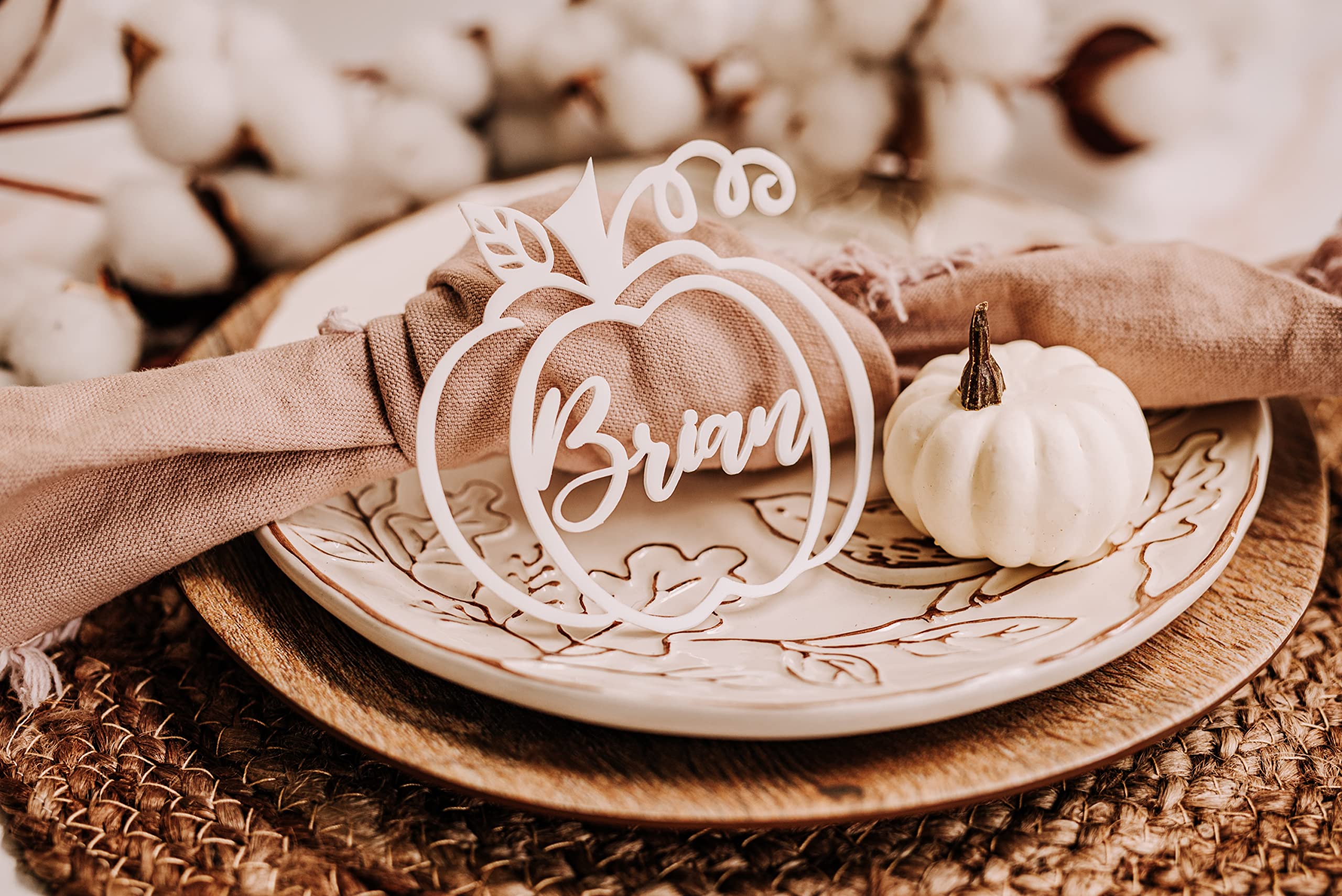 Customized Pumpkin Name Tags for Thanksgiving, Personalized Hollowed Out Wooden Place Cards for Fall, Halloween Table Decor, Cursive Laser Cut Seating Cards