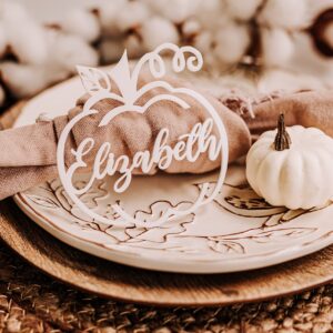 Customized Pumpkin Name Tags for Thanksgiving, Personalized Hollowed Out Wooden Place Cards for Fall, Halloween Table Decor, Cursive Laser Cut Seating Cards