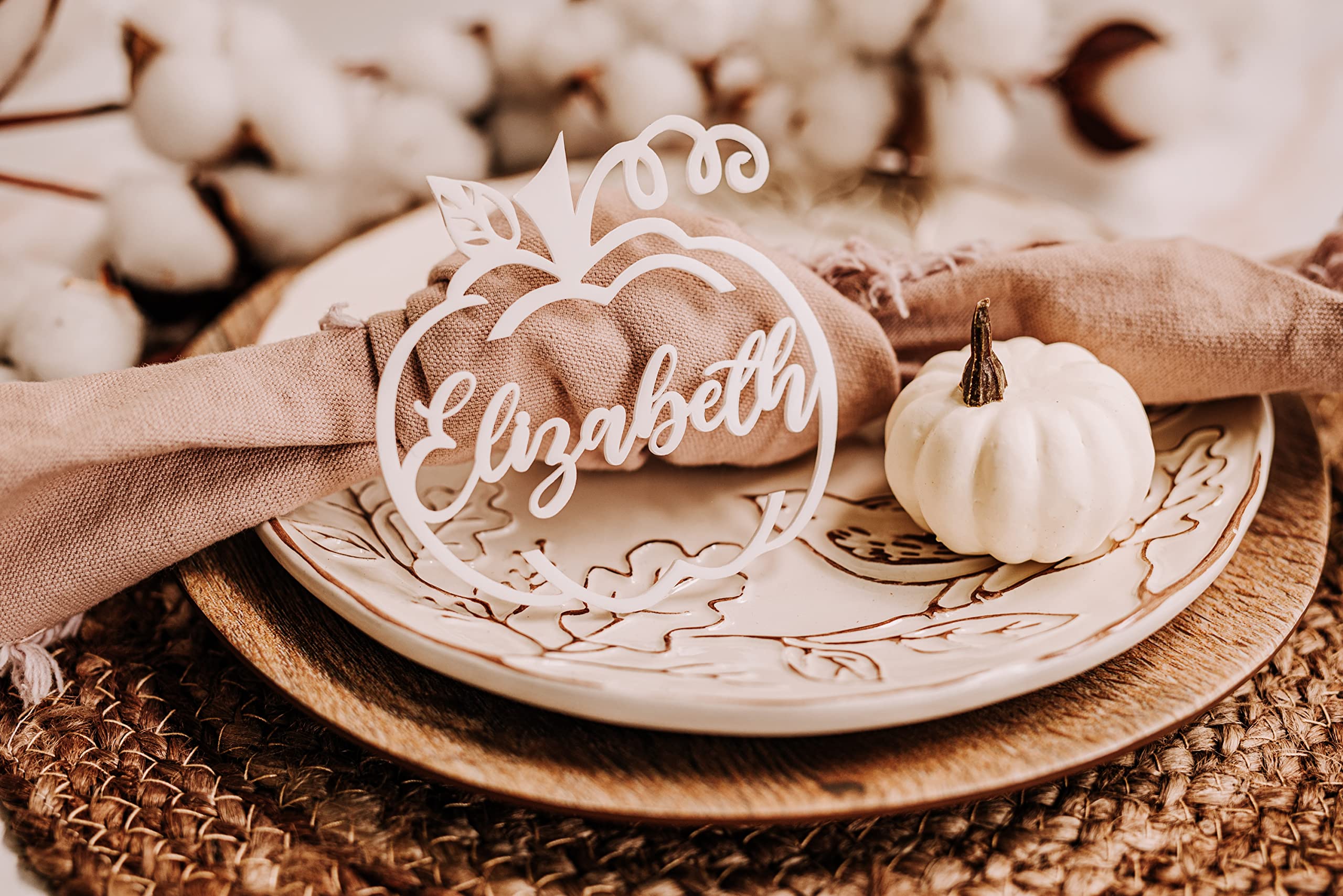 Customized Pumpkin Name Tags for Thanksgiving, Personalized Hollowed Out Wooden Place Cards for Fall, Halloween Table Decor, Cursive Laser Cut Seating Cards