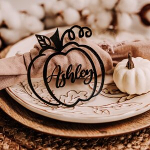 Customized Pumpkin Name Tags for Thanksgiving, Personalized Hollowed Out Wooden Place Cards for Fall, Halloween Table Decor, Cursive Laser Cut Seating Cards