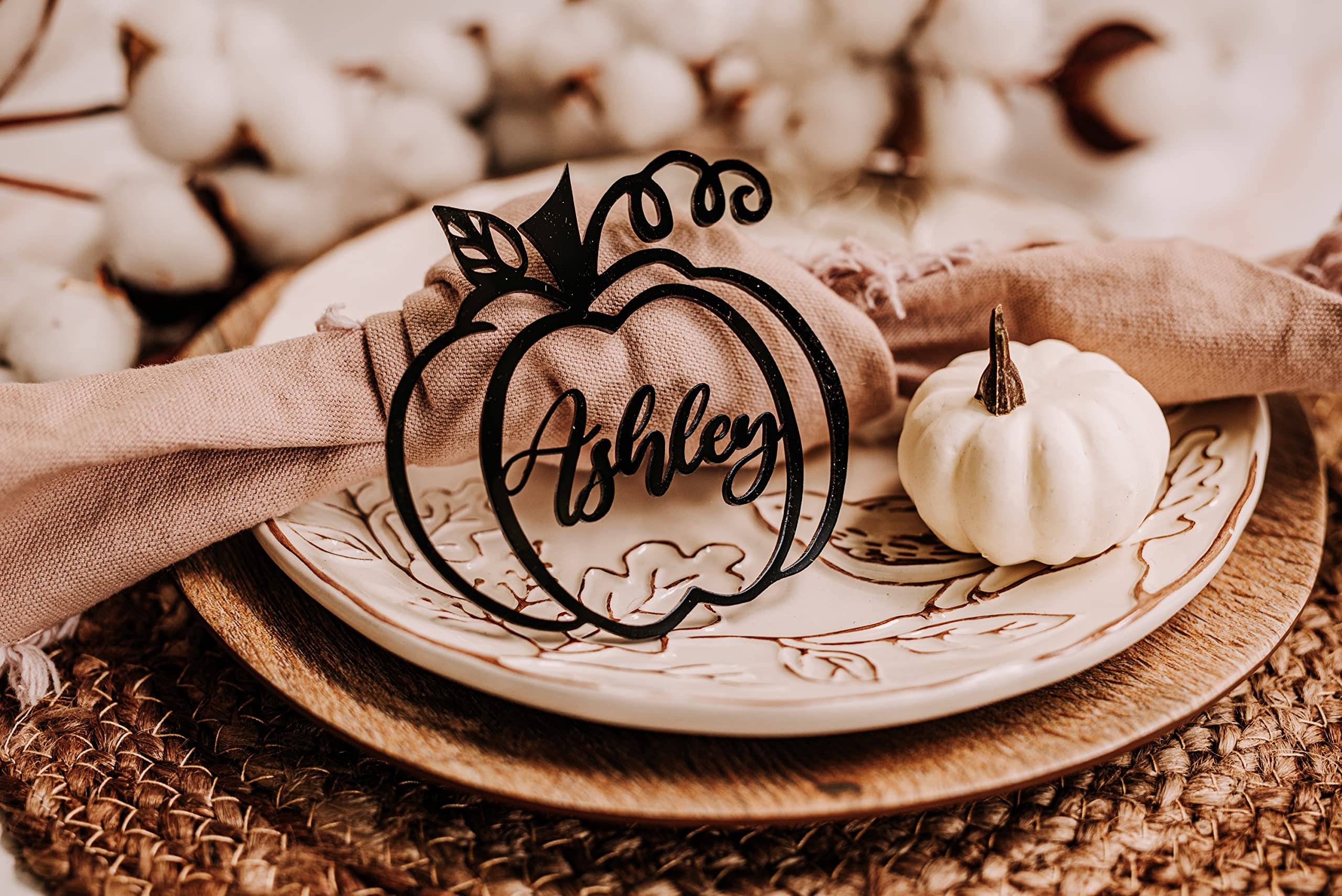 Customized Pumpkin Name Tags for Thanksgiving, Personalized Hollowed Out Wooden Place Cards for Fall, Halloween Table Decor, Cursive Laser Cut Seating Cards