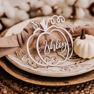 Customized Pumpkin Name Tags for Thanksgiving, Personalized Hollowed Out Wooden Place Cards for Fall, Halloween Table Decor, Cursive Laser Cut Seating Cards