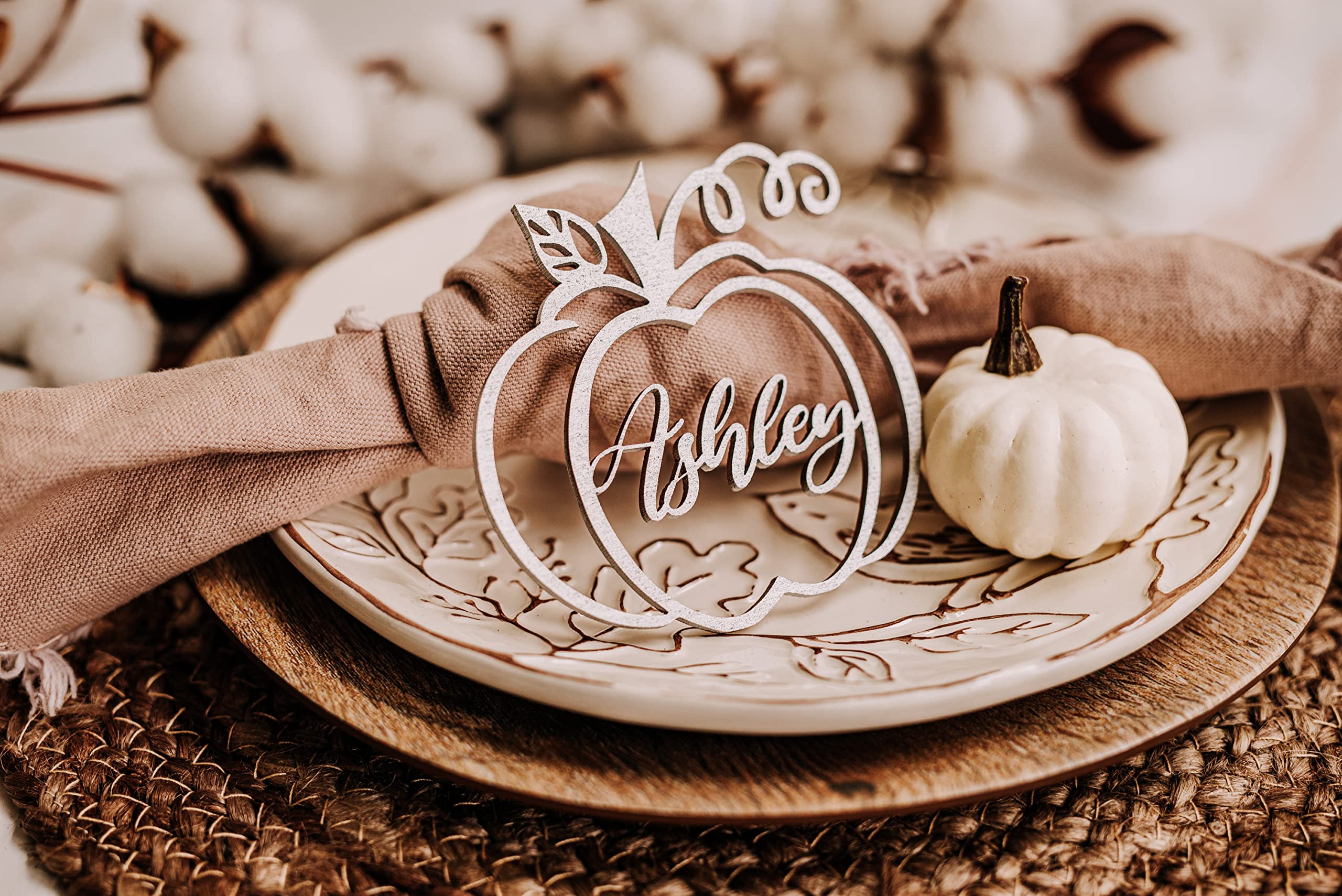 Customized Pumpkin Name Tags for Thanksgiving, Personalized Hollowed Out Wooden Place Cards for Fall, Halloween Table Decor, Cursive Laser Cut Seating Cards