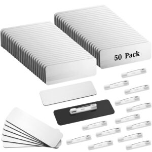 50 Pack Name Tag Blanks with Pin 1 x 3 Inch Plastic Name ID Badge Holders with Clips Nametags Labels Printable Name Tags with Round Corners for DIY (Silver, Black)