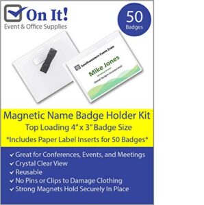 magnetic name badge holder kit - box of 50, 4x3 inch clear name tag holders for conferences, events, and meetings