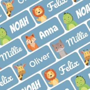 melu kids® name labels for kids, clothing & items (50), self-adhesive name tags, waterproof personalized labels (1.2” x 0.5”), perfect for clothes, daycare and school supplies - blue