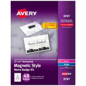 Avery Customizable Name Badges with Magnets, 3" x 4", Clear Name Tag Holders with White Printable Inserts, 48 Magnetic Name Badges (8781)