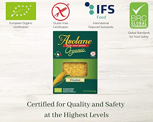 Le Asolane Certified Organic Gluten Free Ditalini Pasta | Authentic Imported Italian Gourmet Pasta from Select Premium Grade Corn Flour | 8.8 oz packages (Pack of 1)