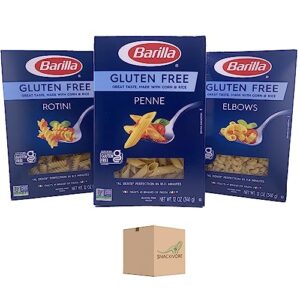 Barilla Gluten Free Pasta Variety Pack- Includes Penne Pasta, Rotini Pasta, and Elbow Macaroni Pasta Noodles. Barilla Pasta Bulk Set by Snackivore (3 x 12oz Boxes).