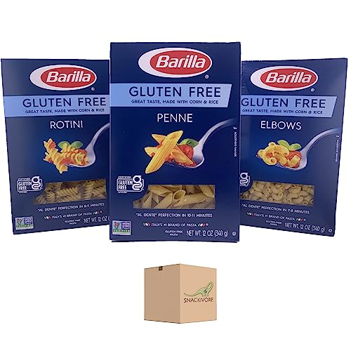 Barilla Gluten Free Pasta Variety Pack- Includes Penne Pasta, Rotini Pasta, and Elbow Macaroni Pasta Noodles. Barilla Pasta Bulk Set by Snackivore (3 x 12oz Boxes).