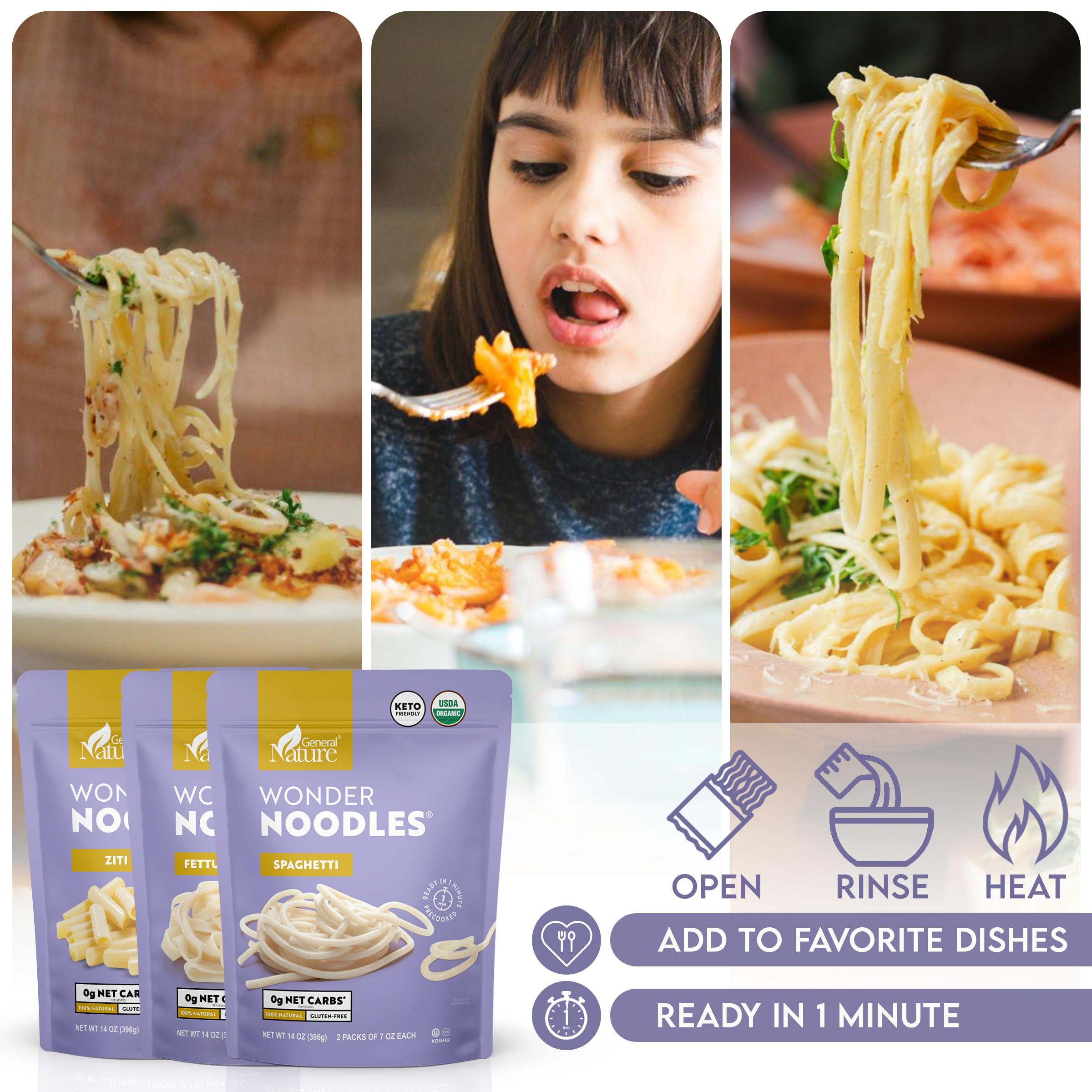 Wonder Noodles Variety Pack - Carb-Free, Keto, Gluten-Free, Kosher, Vegan, Low-Calorie -Organic Konjac Pasta - Spaghetti, Fettuccine, Ziti (14oz Each) Ready to eat in one minute