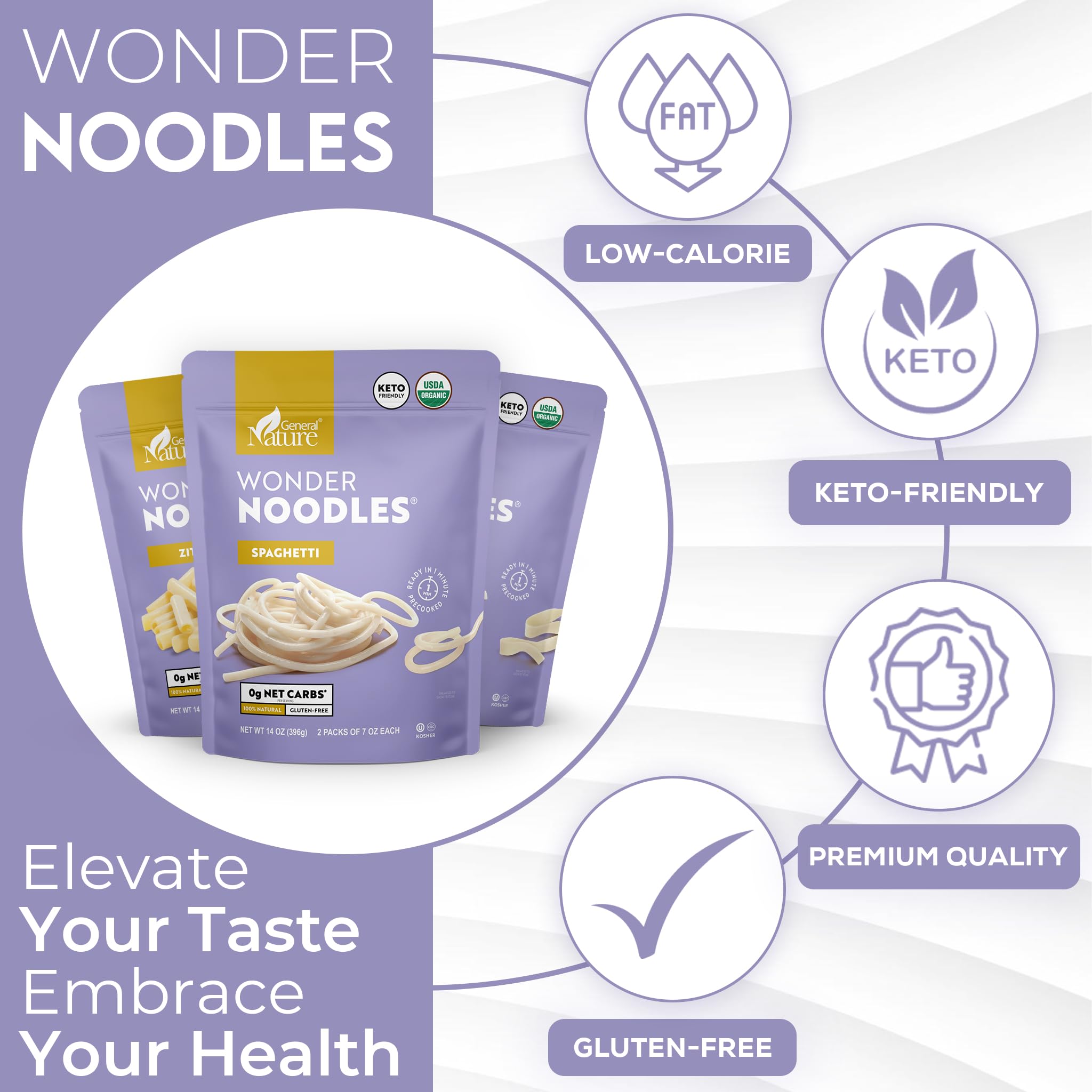 Wonder Noodles Variety Pack - Carb-Free, Keto, Gluten-Free, Kosher, Vegan, Low-Calorie -Organic Konjac Pasta - Spaghetti, Fettuccine, Ziti (14oz Each) Ready to eat in one minute