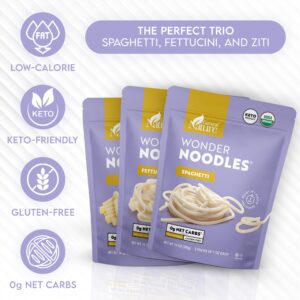 Wonder Noodles Variety Pack - Carb-Free, Keto, Gluten-Free, Kosher, Vegan, Low-Calorie -Organic Konjac Pasta - Spaghetti, Fettuccine, Ziti (14oz Each) Ready to eat in one minute