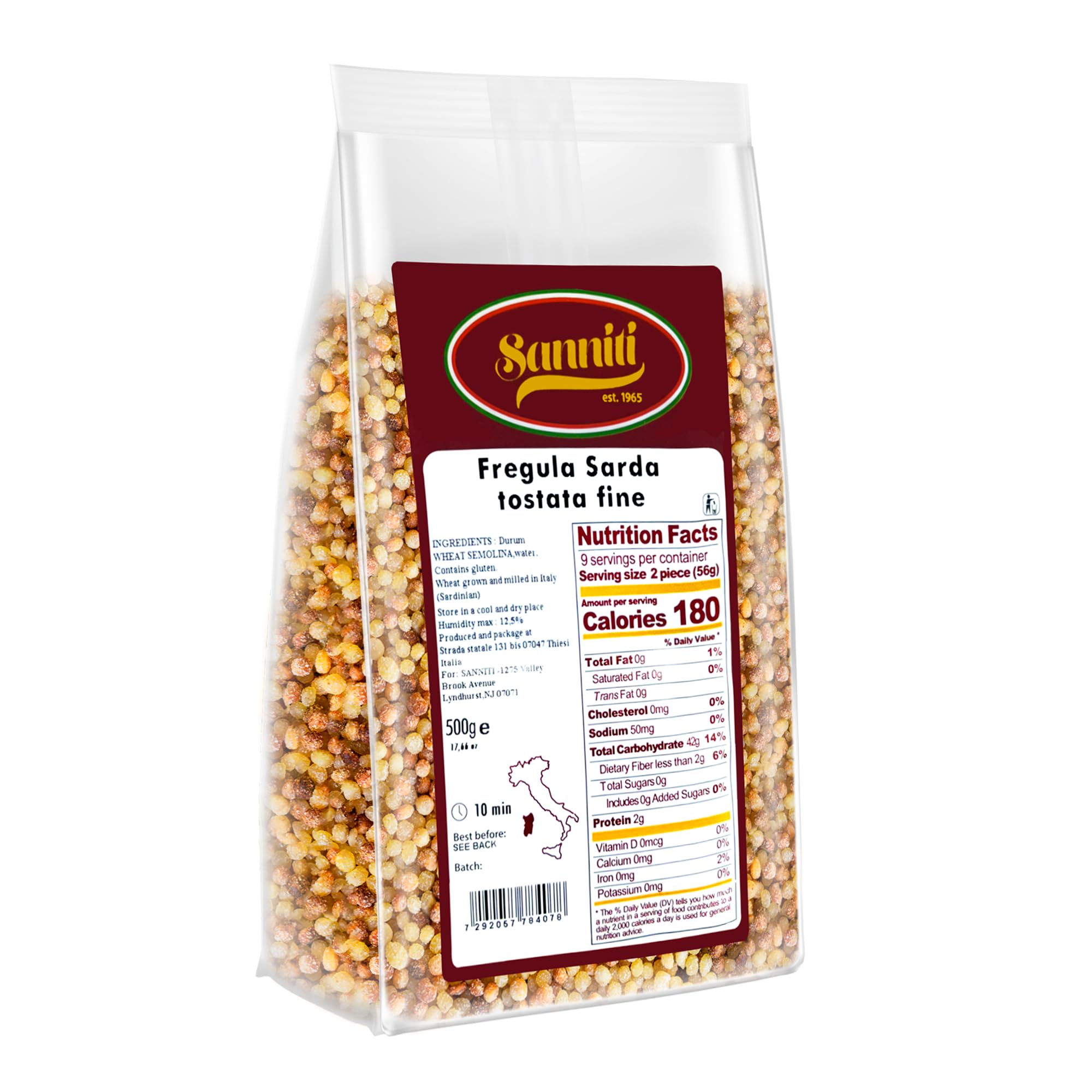 Sanniti Toasted Fregola Sarda FIne Semolina Pasta Fregula Tostata Fina, 17.6 oz