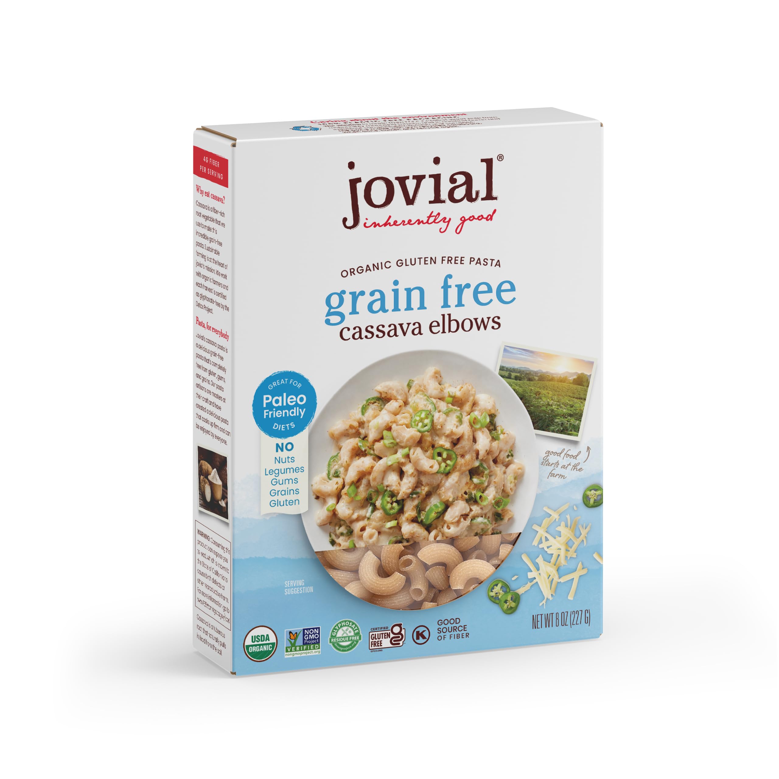 Jovial Grain-Free Cassava Elbows - Gluten Free Elbow Macaroni,Cassava Pasta, Paleo Pasta, Grain-Free, 100% Organic Pasta, USDA Certified Organic, Non-GMO, High-Fiber - 8 Oz, 1 Pack