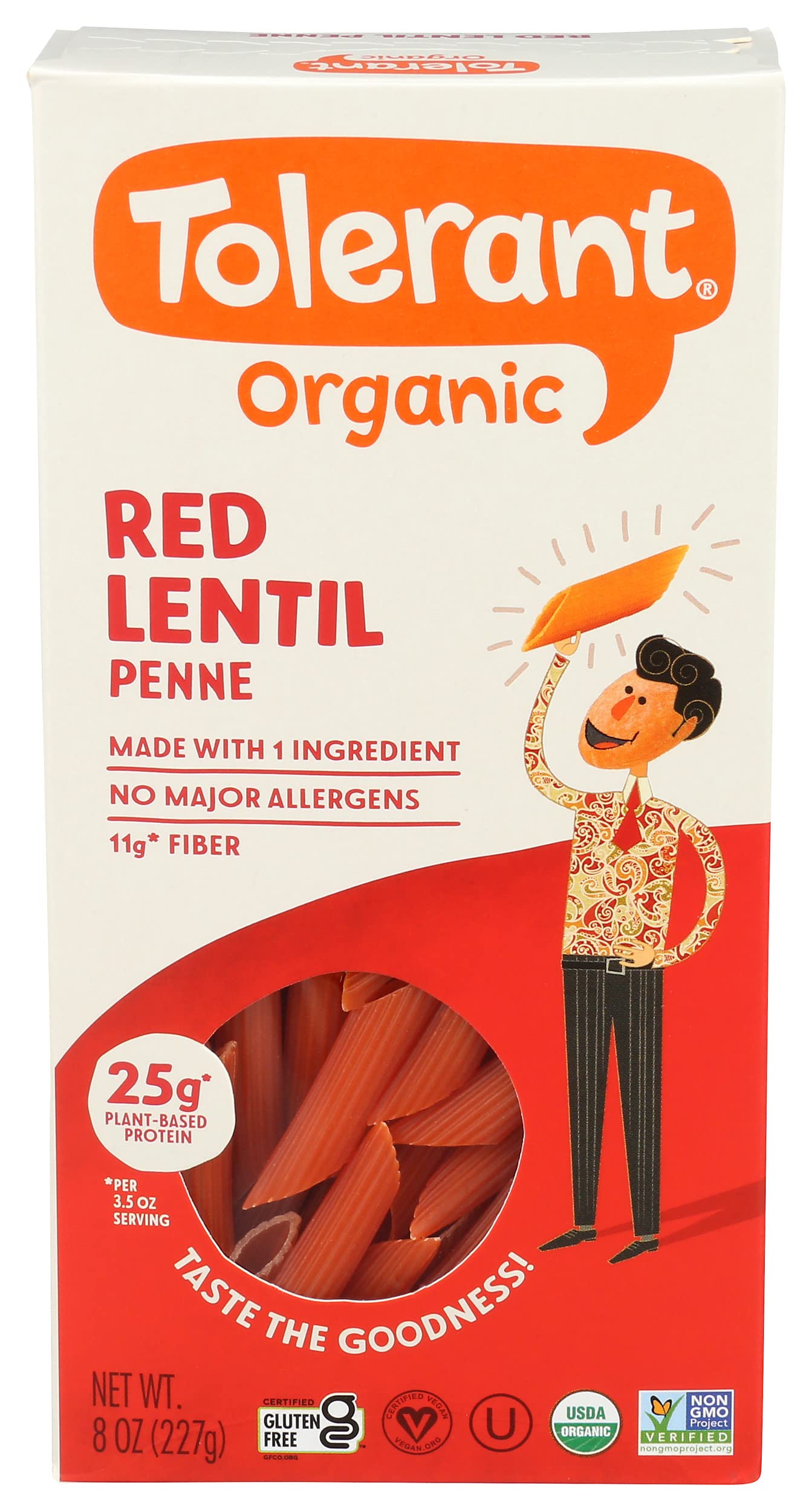 Tolerant Organic Red Lentil Penne Pasta Free from Allergens - Gluten Free, Vegan, Paleo, Plant Based Protein Pasta - Non GMO, Kosher - Made with 1 Single Ingredient, 8 Ounce (Pack of 1)