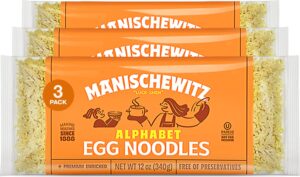 manischewitz alphabet abc pasta egg noodles 12oz (3 pack), home-style taste & texture, premium enriched, low sodium, no preservatives