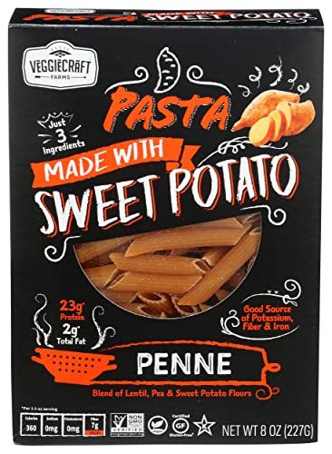 Veggiecraft Farms Penne Pasta - Low Carb Pasta, High Protein, Made with Sweet Potato, Lentil & Peas, Gluten Free, Plant Based Pasta Noodles, High Fiber, Vegan, Kosher, Non-GMO - 8 Ounce