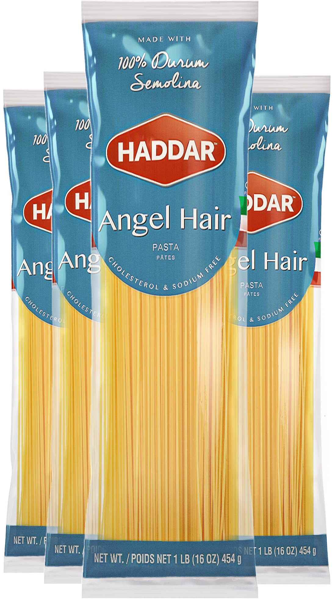 Haddar 100% Durum Semolina Angel Hair Pasta, 1lb (4 Pack) | Cholesterol & Sodium Free | Quick Cook Time | Perfect to Use in Pasta Dishes or Salads | Certified Kosher