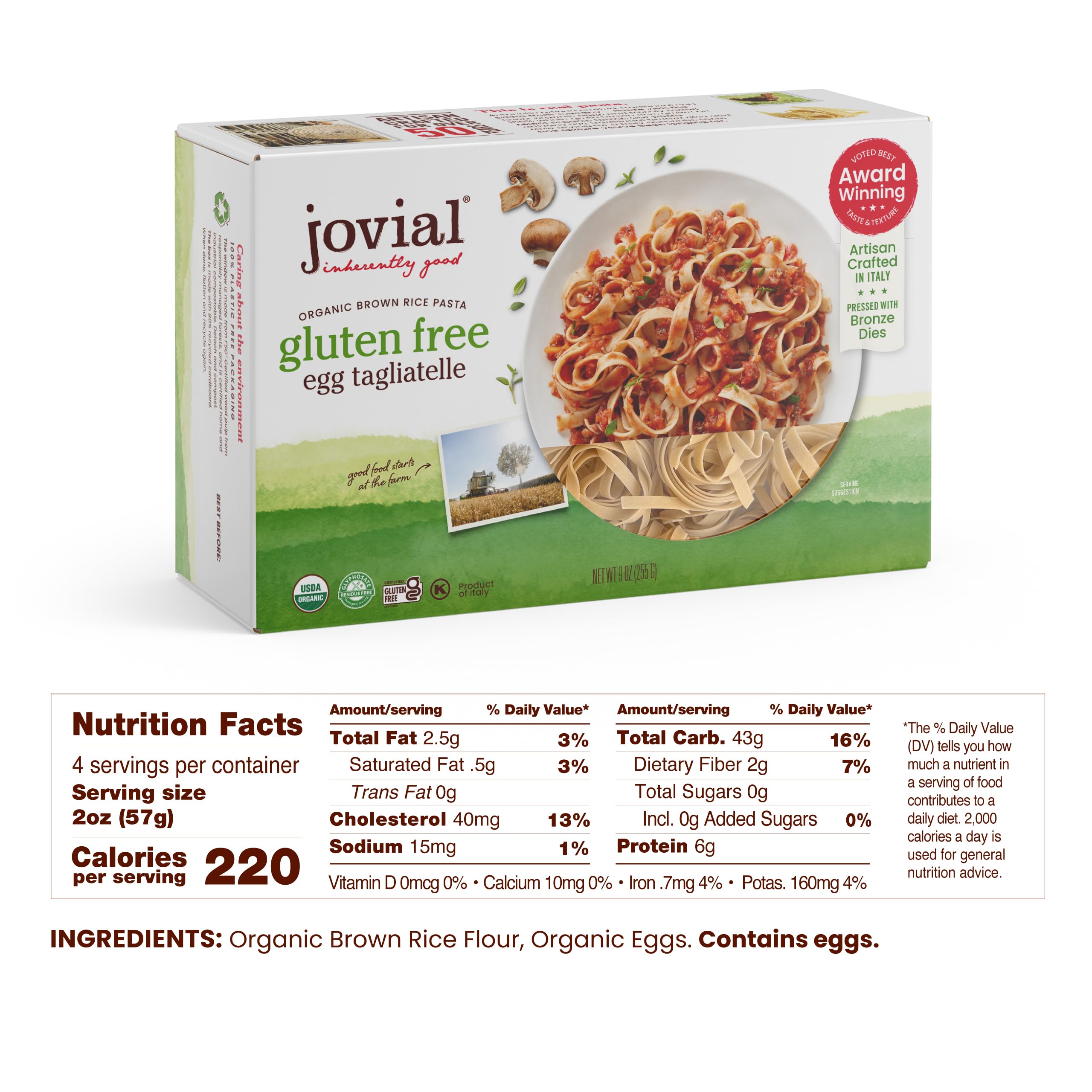 Jovial Whole Grain Brown Rice Egg Tagliatelle Pasta - Pasta Tagliatelle, Tagliatelle Pasta, Whole Grain Pasta, Organic Pasta, Gluten Free, Dairy Free, Brown Rice Pasta, Made in Italy - 9 Oz, 2 Pack