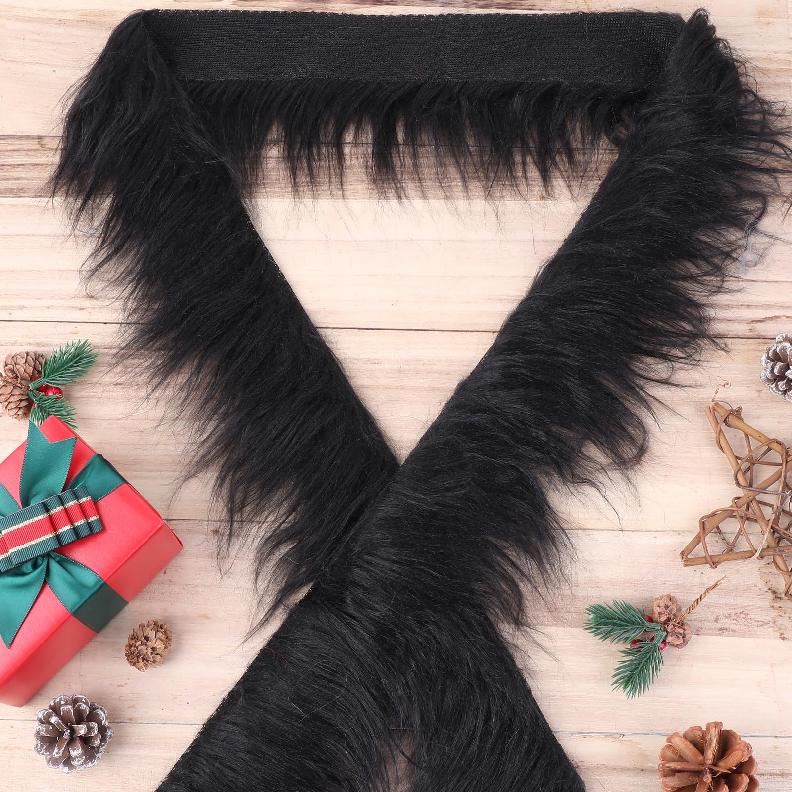 Lusofie Shaggy Plush Faux Fur Fabric Precut Strips 2x60inch Black Fur Fluffy Fuzzy Craft Fur for Gnomes Beard Santa Claus Hair Dwarf Cosplay Costume DIY Craft Christmas Decoration