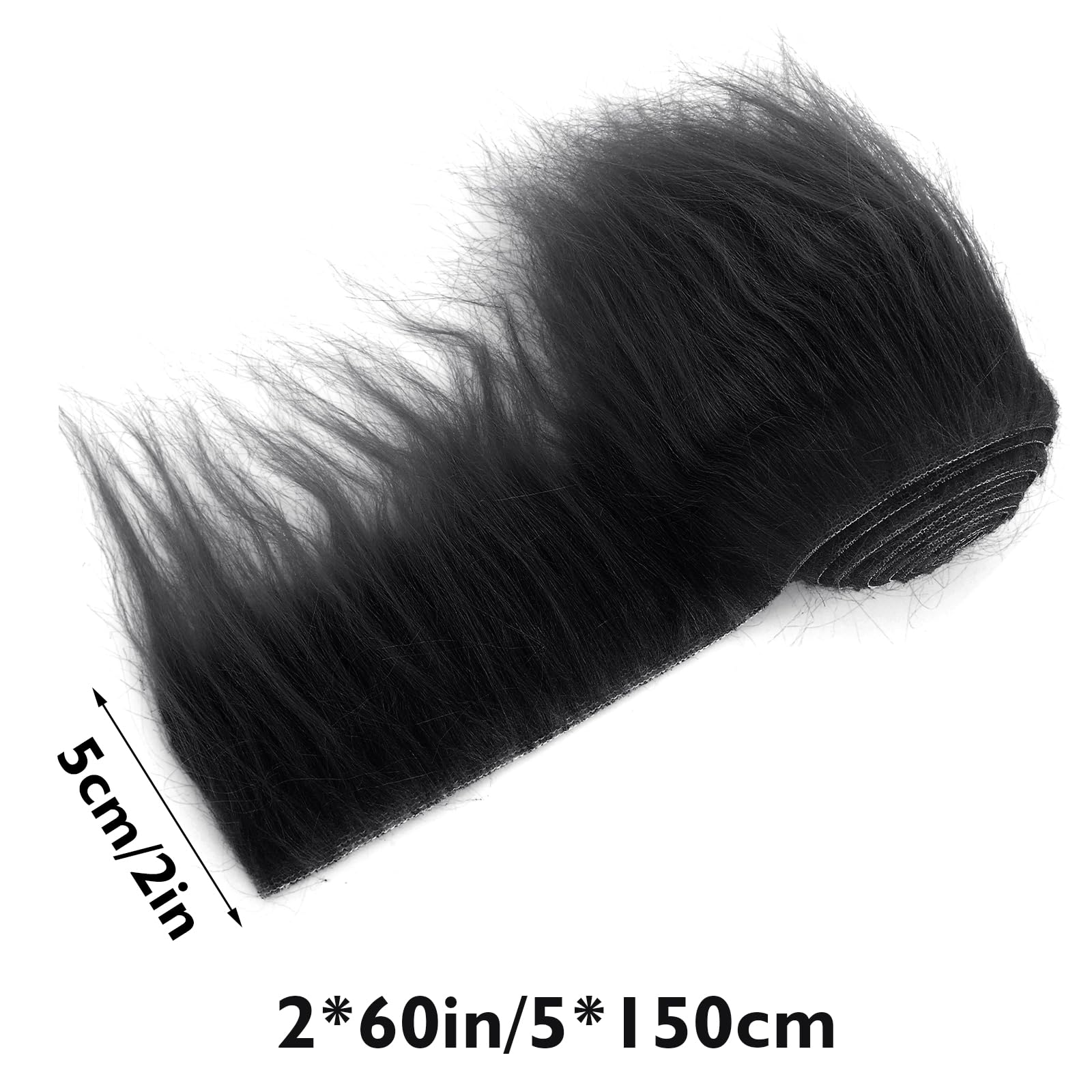 Lusofie Shaggy Plush Faux Fur Fabric Precut Strips 2x60inch Black Fur Fluffy Fuzzy Craft Fur for Gnomes Beard Santa Claus Hair Dwarf Cosplay Costume DIY Craft Christmas Decoration