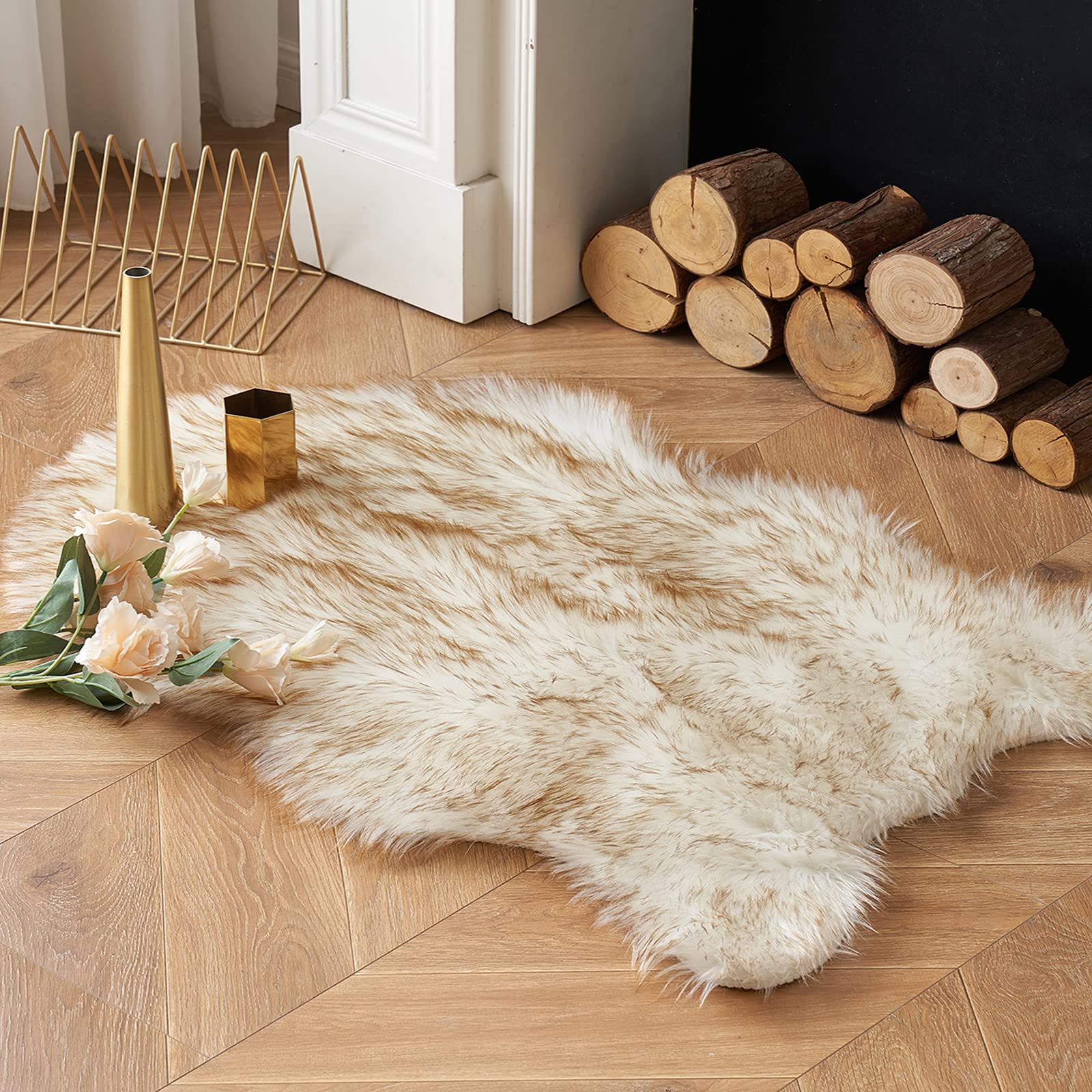 MIULEE Faux Fur Sheepskin Rug, Luxury Fluffy Area Rugs - Super Soft Decorative Shag Carpet for Bedroom, Living Room, and Nursery - 2x3 Feet, Frosted Tips Brown