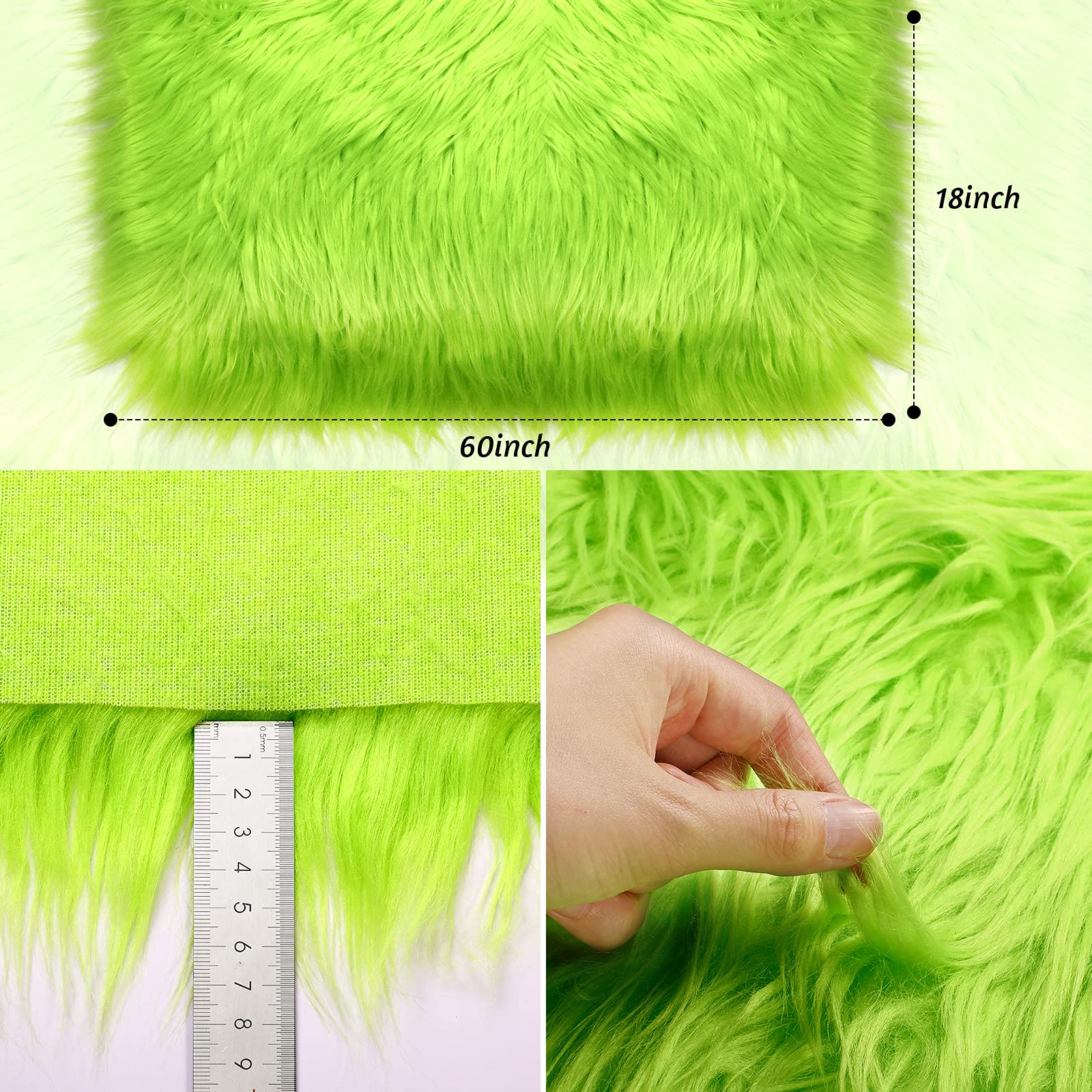 Faux Fur Fabric Christmas Fluffy Fuzzy Craft Shaggy Synthetic Plush Patch Sewing Fur Cuts for DIY Halloween Winter Costume Gnome Beard Miniature Dolls Costume Rugs Mats (Green, 60 x 18 Inch)