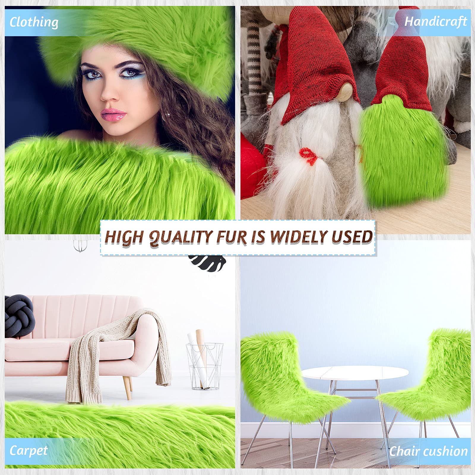 Faux Fur Fabric Christmas Fluffy Fuzzy Craft Shaggy Synthetic Plush Patch Sewing Fur Cuts for DIY Halloween Winter Costume Gnome Beard Miniature Dolls Costume Rugs Mats (Green, 60 x 18 Inch)