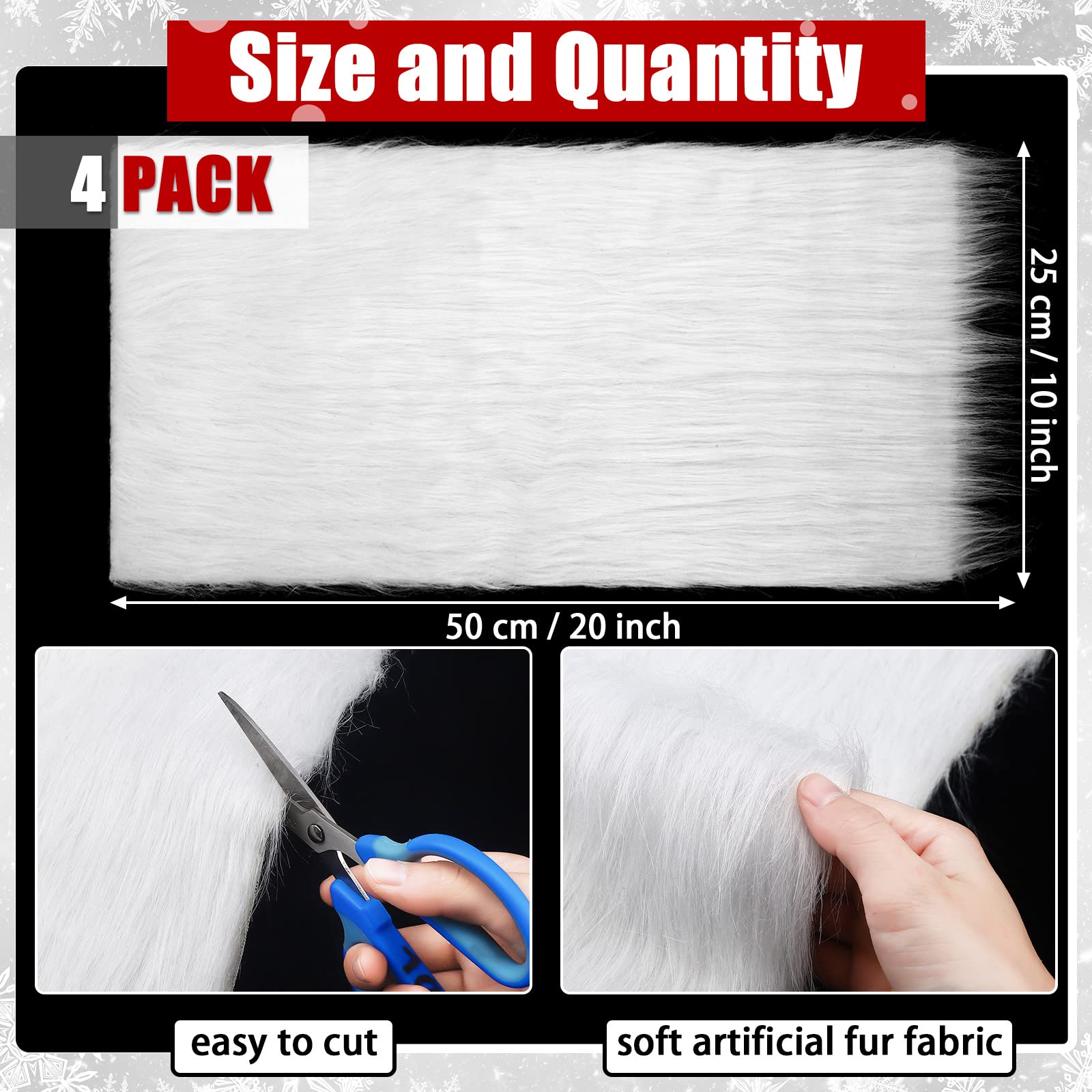 4 Pcs Christmas Faux Fur 10 x 20 Inch Faux Fur Fabric Squares Shaggy Fluffy Fabric Patches Ultra Soft Plush Craft and Hobby Fabric Craft Supply, Halloween Costume, Decoration (White)