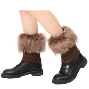 sy soul young Women Faux Fur Leg Warmers Short Furry Fuzzy Boot Cuffs Toppers Girls Winter Knitted foot cuff (Raccoon)