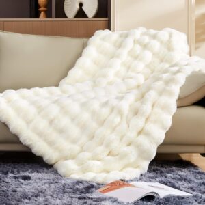 touchat luxury 1000gsm rabbit faux fur twin blanket, super heavy warm cozy beige cream blankets for couch bed sofa, ruched plush fuzzy elegant soft reversible mink blanket for living room bedroom