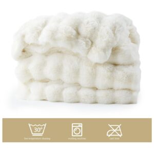 Touchat Luxury 1000GSM Rabbit Faux Fur Twin Blanket, Super Heavy Warm Cozy Beige Cream Blankets for Couch Bed Sofa, Ruched Plush Fuzzy Elegant Soft Reversible Mink Blanket for Living Room Bedroom